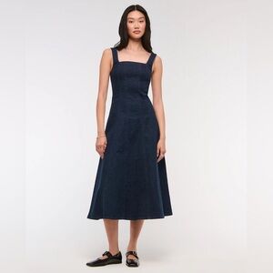 Abercrombie & Fitch Size L TALL Mila Denim Midi Dress Square Neck Dark Wash Blue